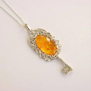 Baltic Amber Key Pendant Necklace in Sterling Silver